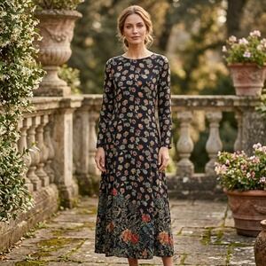 Adini Maxi Dress Womens Sz P Black Floral Cottagecore Rayon Long‎ Sleeve Casual